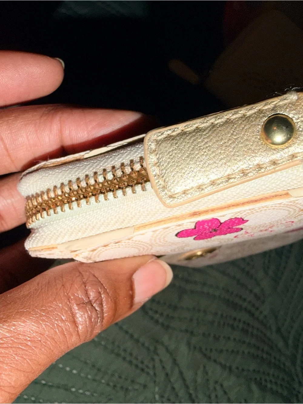 Coach Waverly Cream Signature Long Zip Wallet with Pink Floral Accents